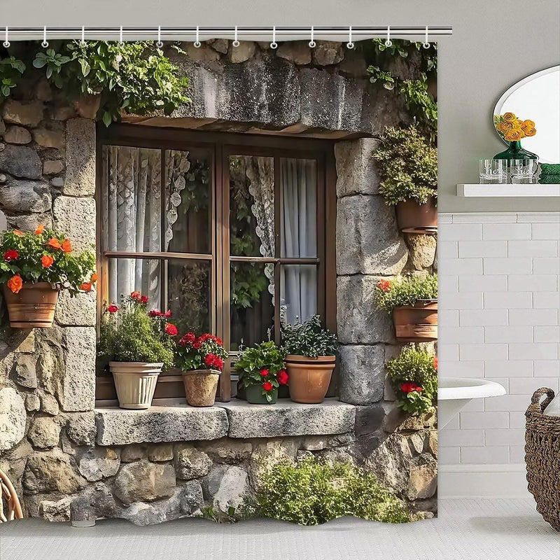 DDQQ 4PCS Spring Landscape Shower Curtain Bathroom Set with Rugs, Toilet Lid Cover and Bath Mat, Windowsill Floral Shower Curtain with 12 Hooks, Complete Bathroom Accessories Decor Set - Image 4